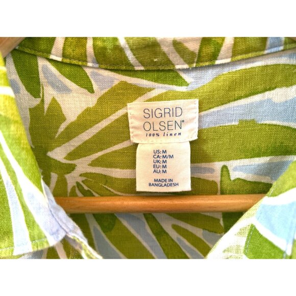 Sigrid Olsen Tropical Botanical Print Linen Blouse Sz M Resort Wear Coastal Chic - Picture 3 of 5